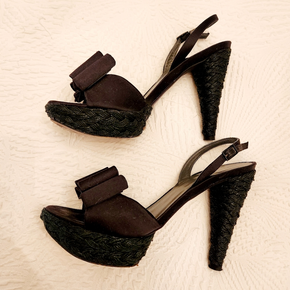 Stuart Weitzman Bogus Black Bow Satin Espadrille Slingback Pump Size 9.5 Cute